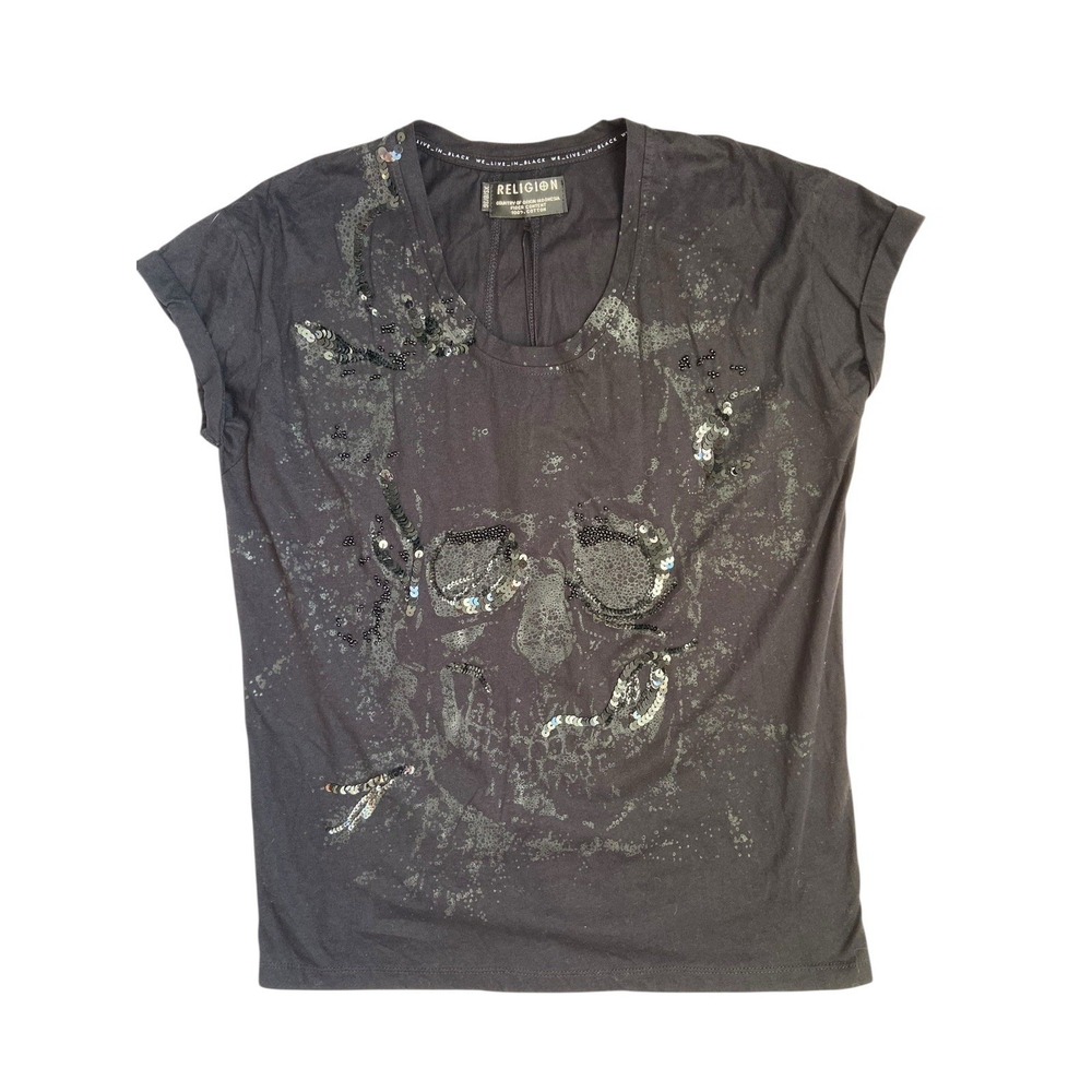 Religion Sequin Skull Graphic T-Shirt Womens Size XS Black Gothic Edgy Dark Glam
